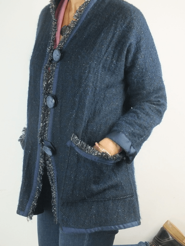 Veste longue bleue et gris chiné
