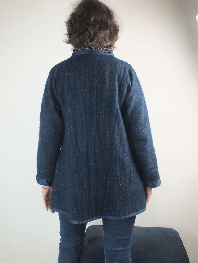 Veste longue bleue et gris chiné