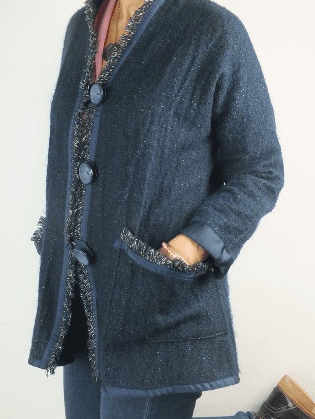 Veste longue bleue et gris chiné